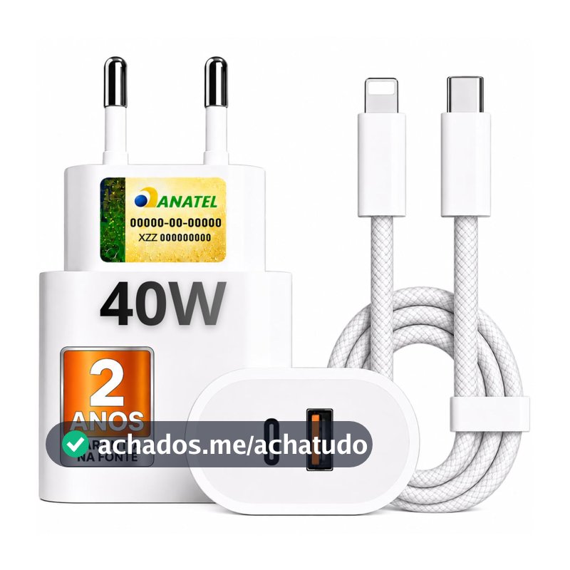 Carregador Turbo 40W USB-C + USB-A Compatível com IPhone 8 X Xr 11 12 13 14, Bivolt 110/220V - CABO DE NYLON - Carregamento POWER DUO