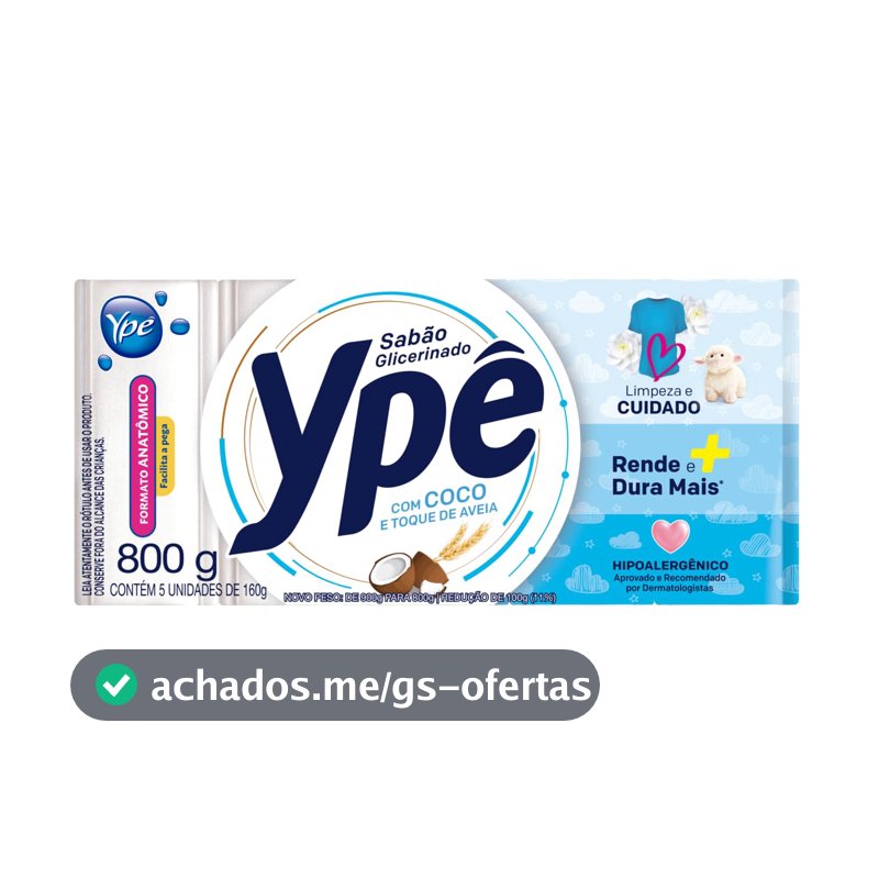 Ypê Sabão em Barra Glicerinado Coco e Toque de Aveia 800g - 5 Unidades de 160g