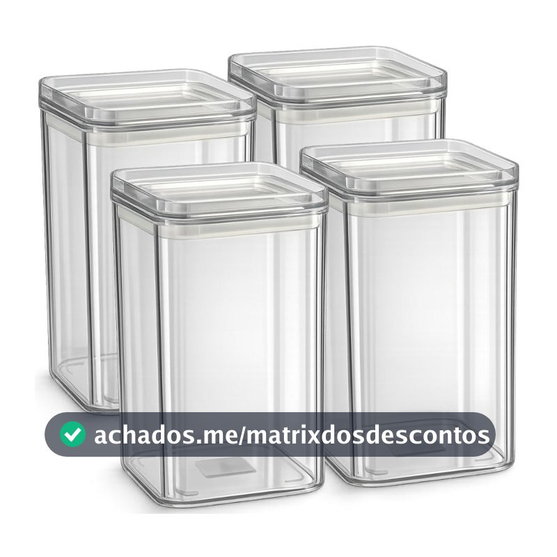 Kit 4 Potes Herméticos 1 Litro - BPA Free Organizador com Tampa para Alimentos, Empilhável, Organizadores para Armário e Cozinha, Mantimentos