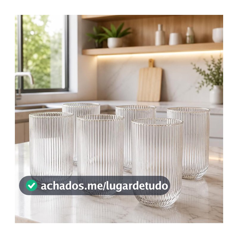 Kit 6 Copos de Vidro Canelado 420 ml com Borda Dourada para Água, Sucos e Drinks, Mesa Posta Elegante