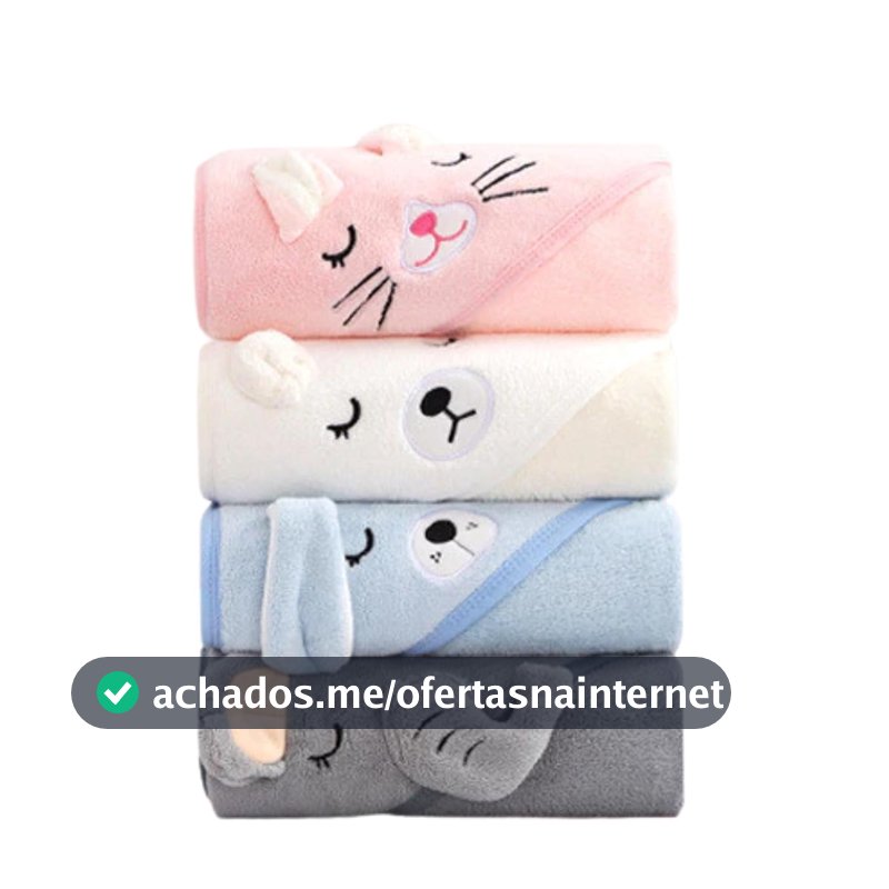 Kit 4 Toalha de Banho Infantil com Capuz Extra Macia, Felpuda, Bichinhos Orelhinhas 80x80cm,Cores Sortidas Neutras,para Bebê e Criança Unissex