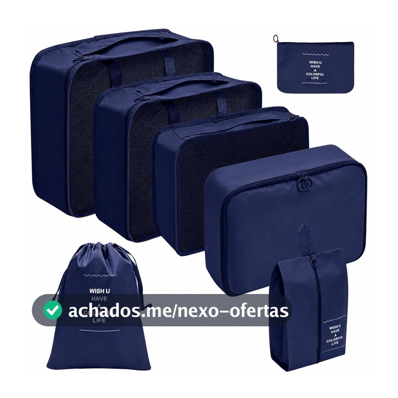Kit Organizador de Mala 8 Peças Packing Cubes com Compressão Porta Sapatos Necessaire Transparente Roupas Sujas para Viagem (Azul escuro 7 peças)
