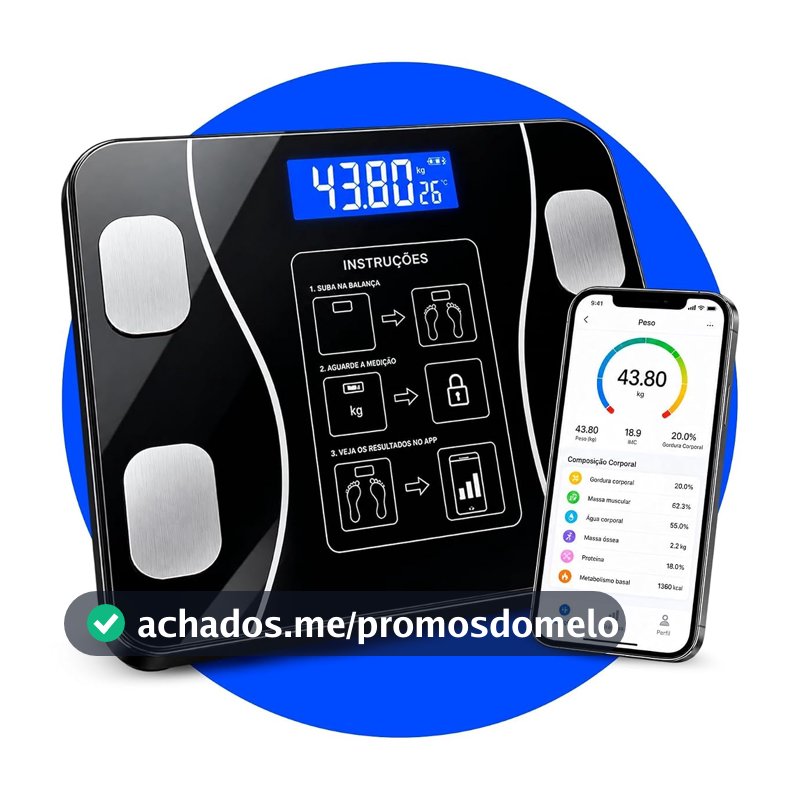 Balança Corporal Inteligente Digital Bluetooth até 180kg, Bioimpedância, Aplicativo, Gordura Corporal, Massa Muscular, Precisão 50g Fitness Premium