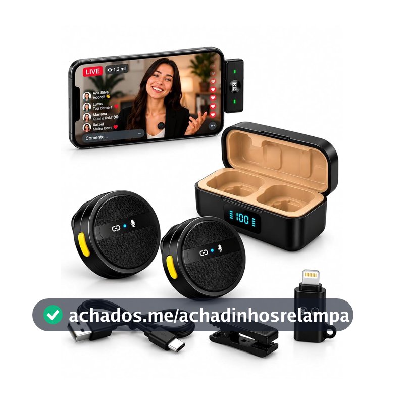 Microfone de Lapela Sem Fio Duplo USB-C com Adaptador Lightning e Estojo