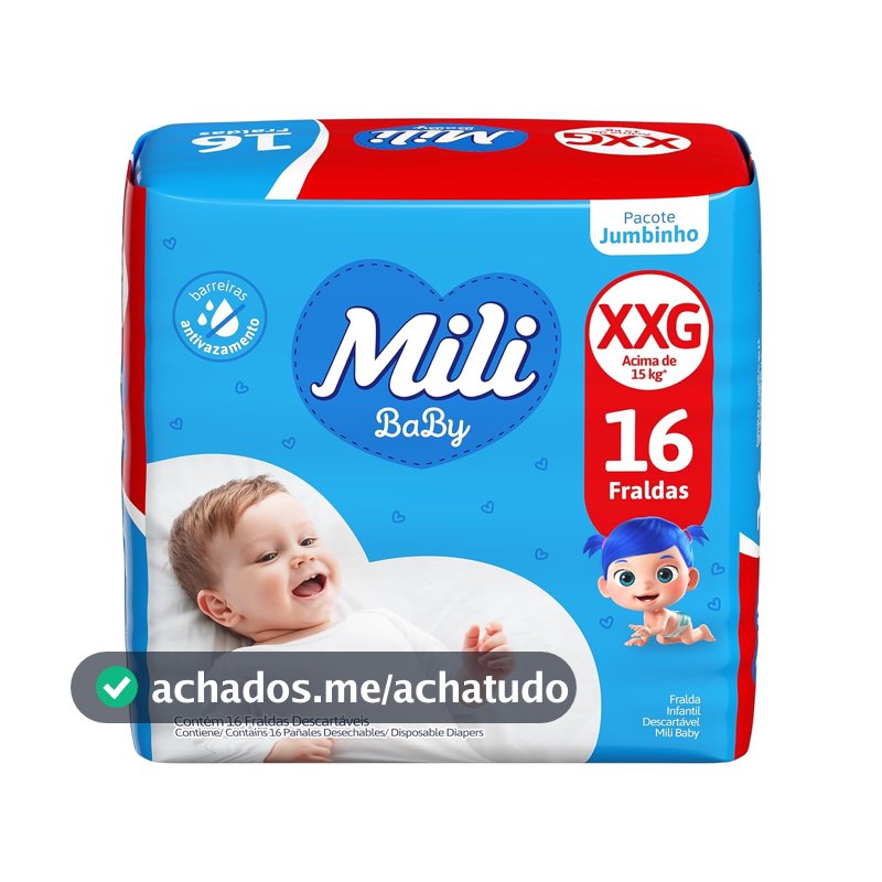 Mili Fralda Infantil Baby Tamanho XXG, Proteção Diária, Ajuste Confortável, Barreiras Antivazamento, 16 Unidades