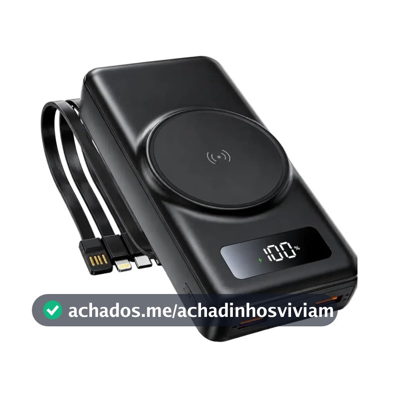 Power Bank, Carregador Portátil Universal por Indução 20.000mAh, Carregamento rápido, Compatível com MagSafe® Com Cabos embutidos Preto