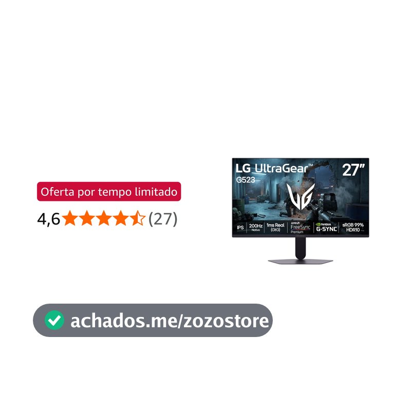 LG UltraGear Monitor Gamer 27" IPS 200Hz, 1ms (GtG), Full HD (1920x1080), HDR10, NVIDIA G-SYNC AMD, FreeSync Premium, sRGB 99%, Preto - 27G523B