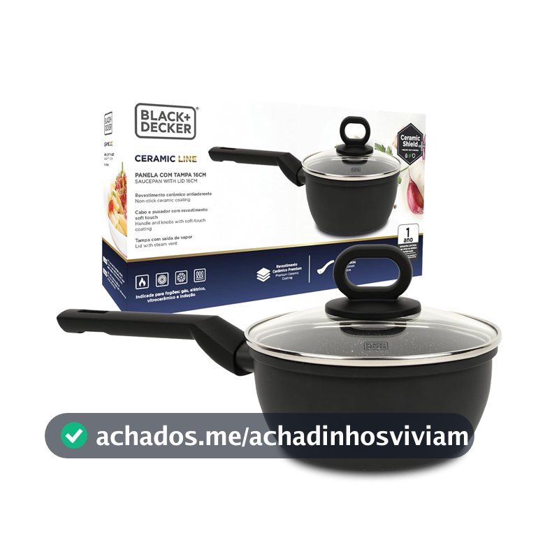 BLACK+DECKER PANELA COM TAMPA 16 CM 1,4 LITROS CERAMIC LINE - CORPO COM REVESTIMENTO CERÂMICO COM EXTERIOR NA COR PRETA E BASE COMPATÍVEL COM INDUÇÃO - BLACK