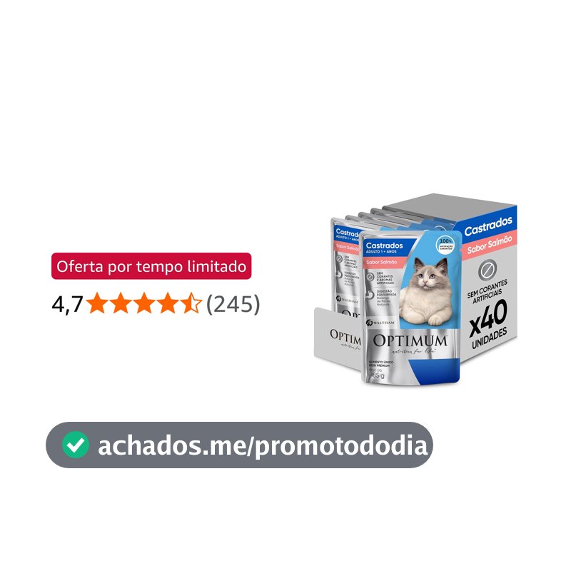Pack Ração Úmida Optimum Sachê para Gatos Adultos Castrados Sabor Salmão 85g - 40 unidadaes