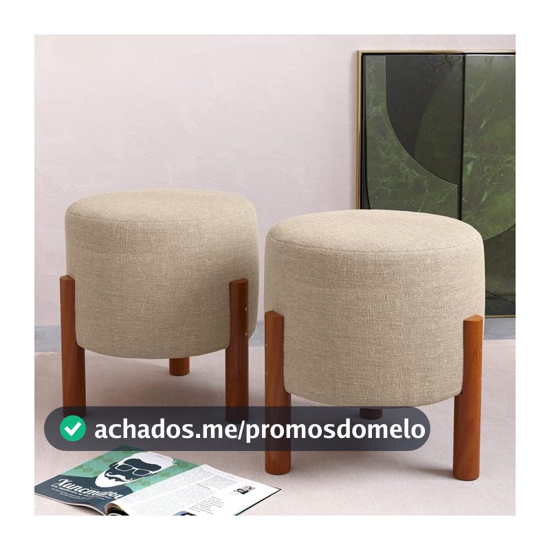 Kit 2 Puff Banquinho Redondo Decorativo Thor em Linho Pés Madeira Maciça Cor Bege