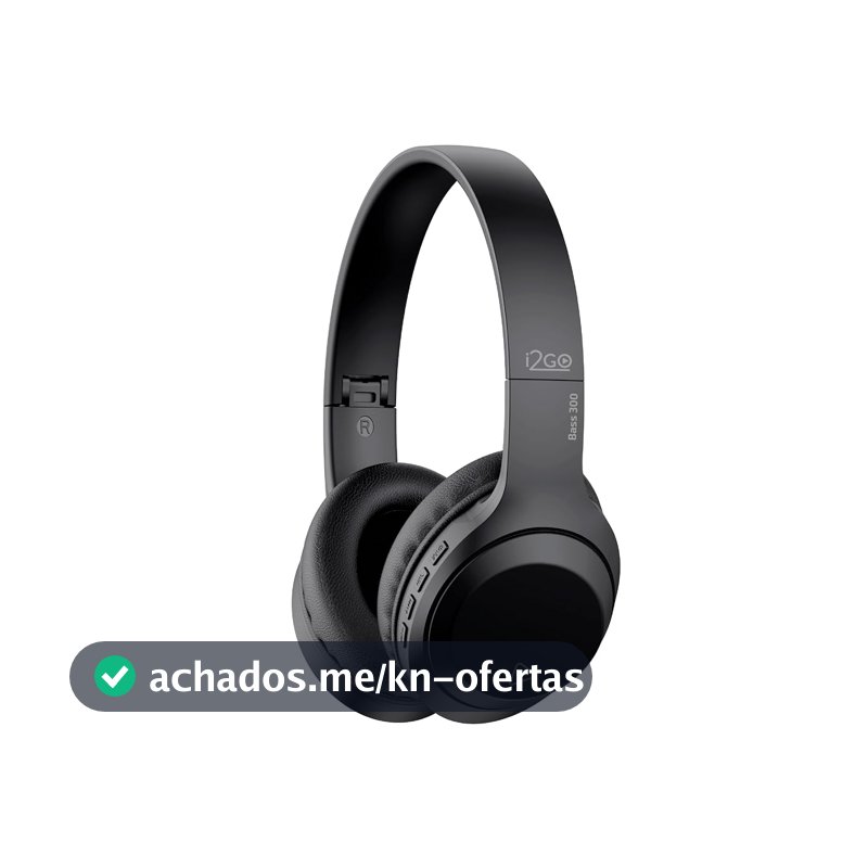 I2GO, Headphone Bass 300, Bluetooth, Microfone Integrado, Controle Multimídia, Até 10h de bateria, Tecnologia Dual Connect, Entrada cabo auxiliar P2 (incluso), Dobrável, Preto