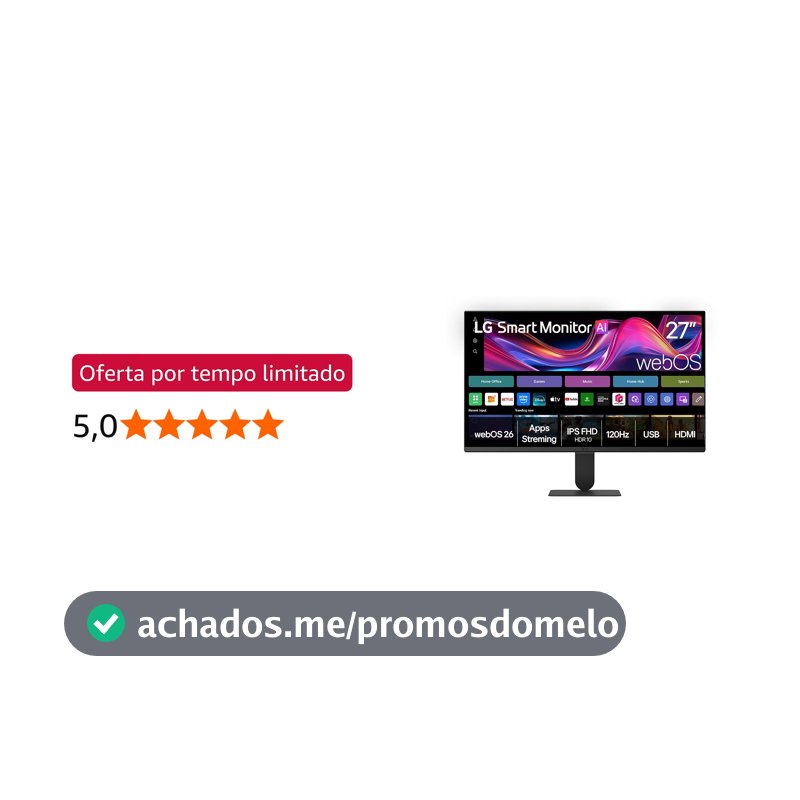 Monitor LG Smart, Tela IPS de 27”, FHD, WebOS 26, HDR10, ThinQ, Wi-fi, AirPlay, Bluetooth, 5ms (GtG), 120Hz, 2X USB, 2X HDMI, Preto- 27U511SB