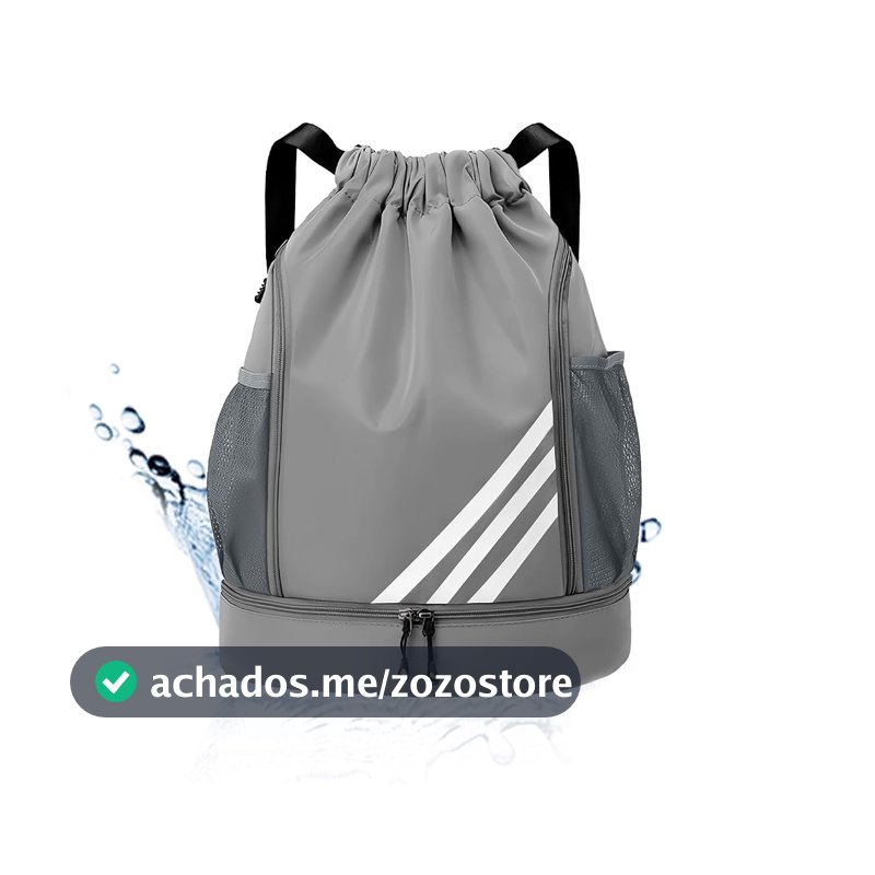 Mochila Esportiva com Cordão, Separação seca e húmida, Mochila de grande capacidade para viagens de lazer, Bolsos Laterais em Malha, Preto com Listras