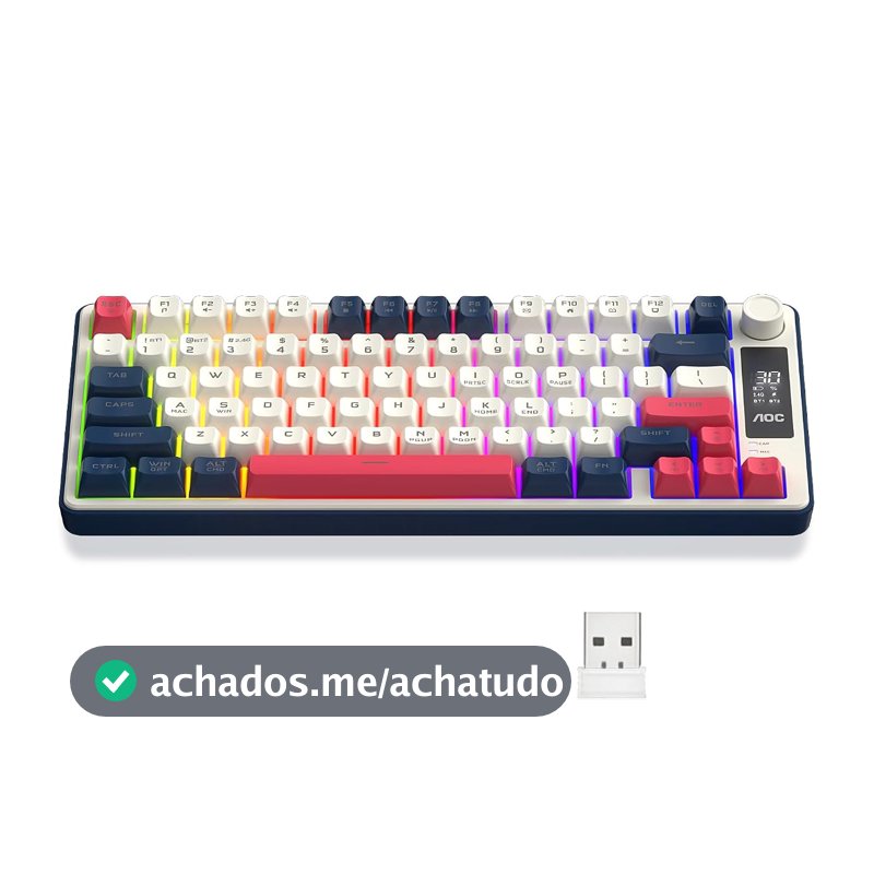 AOC GK280 Teclado sem fio 70%, Bluetooth Trimodo /2.4 GHz/USB-C, Teclado Gamer RGB LED Rainbow, Ideal para Jogos e Digitação, Ergonômico, Bateria Recarregável