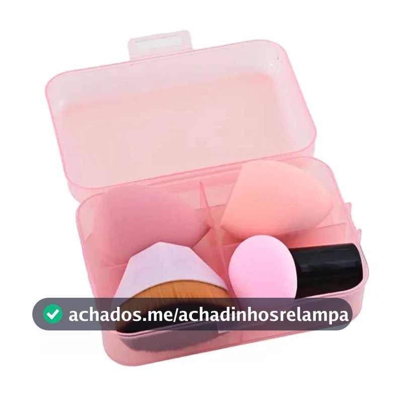 Kit Pincéis e Esponjas para Maquiagem Profissional com Estojo – 1 Pincel Kabuki Hexagonal, 1 Esponja Cogumelo, 2 Esponjas Gota 3D – Aplicação de Base, Corretivo, Contorno, Pó, Blush e Iluminador
