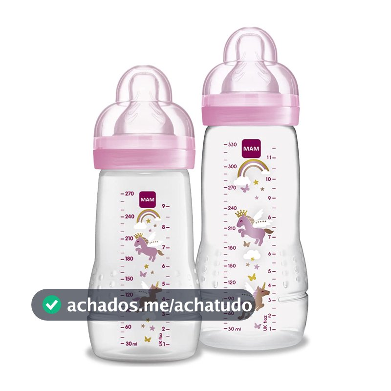 MAM Baby Kit 2 Mamadeiras Easy Active Set, 270ml e 330ml Com Formato Ergonômico e Fácil de Segurar para Crianças 2+ Meses com Bico de Silicone Skinsoft, Rosa