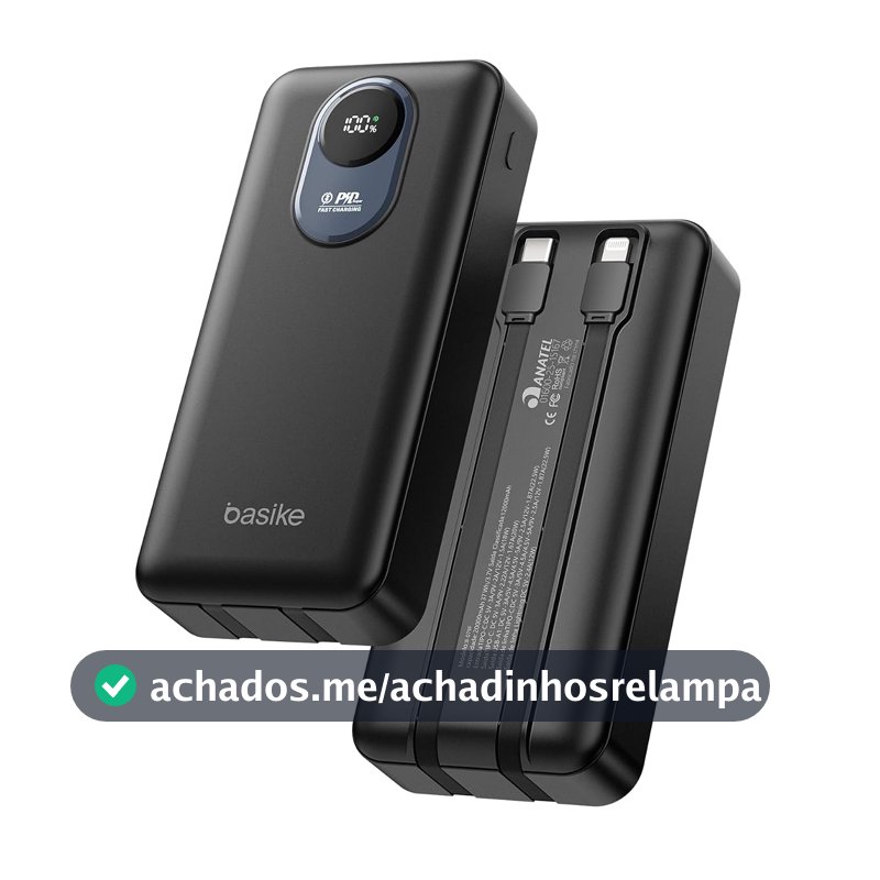 Basike Power Bank 20000mAh, Carregador Portátil, 2 Cabos Integrados (Preto)