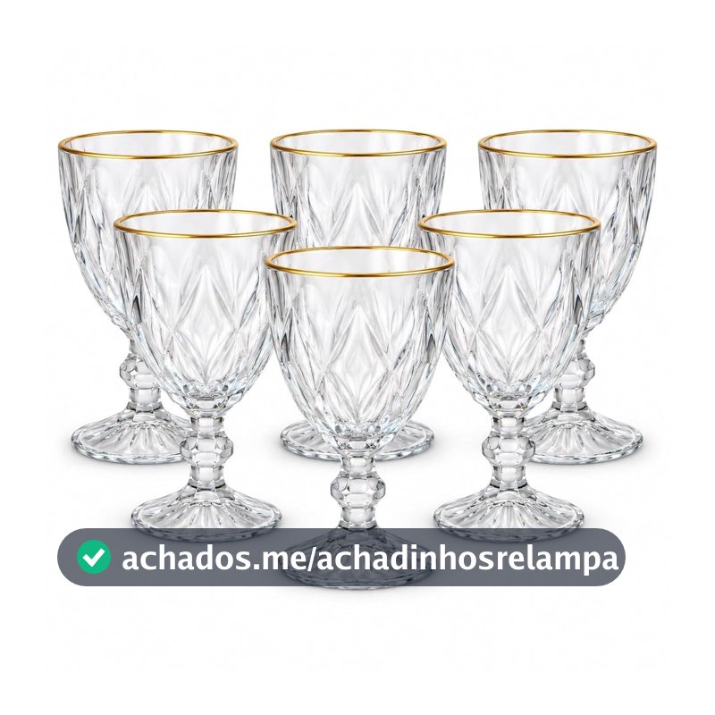 Jogo de 6 Taças de Vidro Diamond Transparente Borda Dourada Ouro de 330ml Design Elegante e Resistente Ideal para Suco Água Refrigerante Drinks e Café para Cozinha Bar e Restaurante
