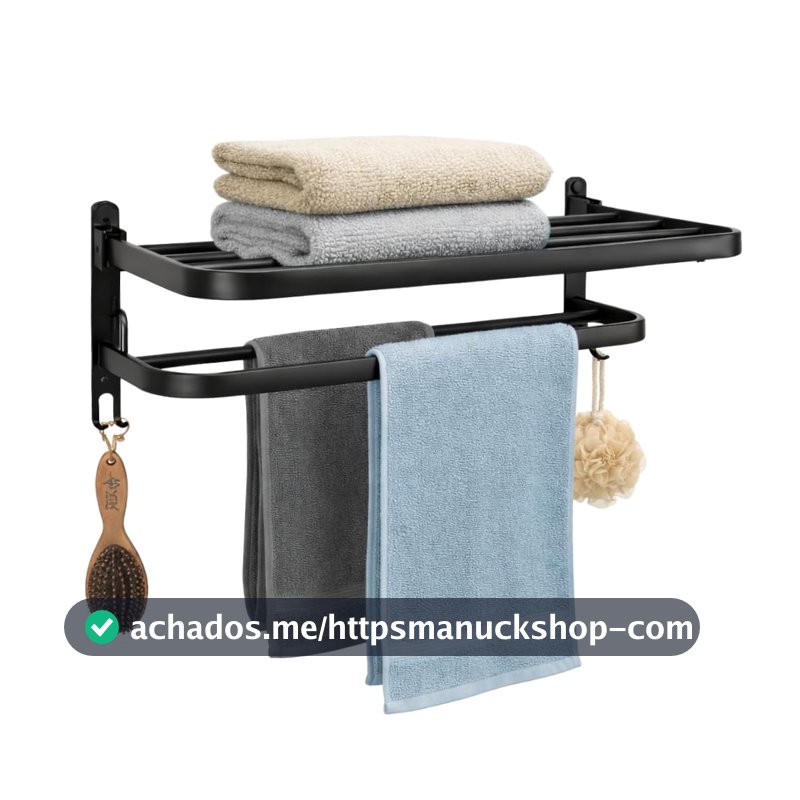 Toalheiro Duplo de Parede com Prateleira 46cm, Metal Preto Fosco