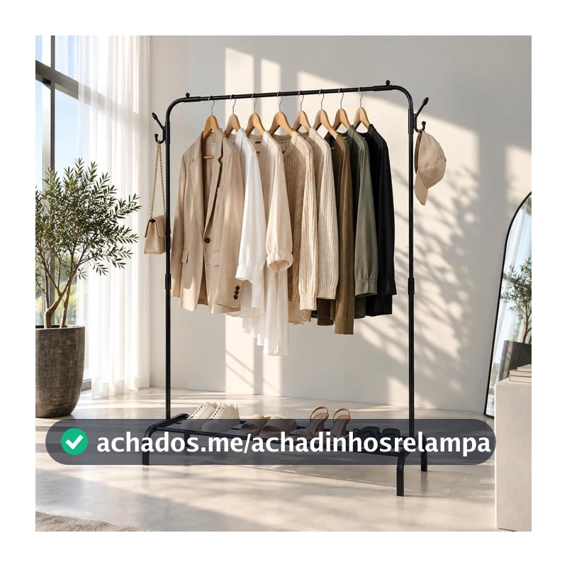 Cabideiro Arara de Roupas de Chão com Sapateira 126x145x47,5cm Organizador para Quarto Closet Loja e Lavanderia