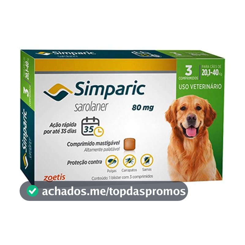 Antipulgas Simparic cães 20,1 - 40 kg - 3 comprimidos Zoetis