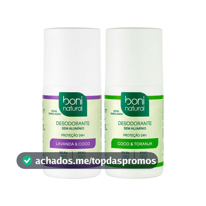 Boni Natural - Kit Desodorante Roll-On Lavanda & Coco 55 ml + Roll-On Coco & Toranja 55 ml, Vegano, Proteção 24 Horas, Sem Álcool Etílico e Sem Cloridrato de Alumínio