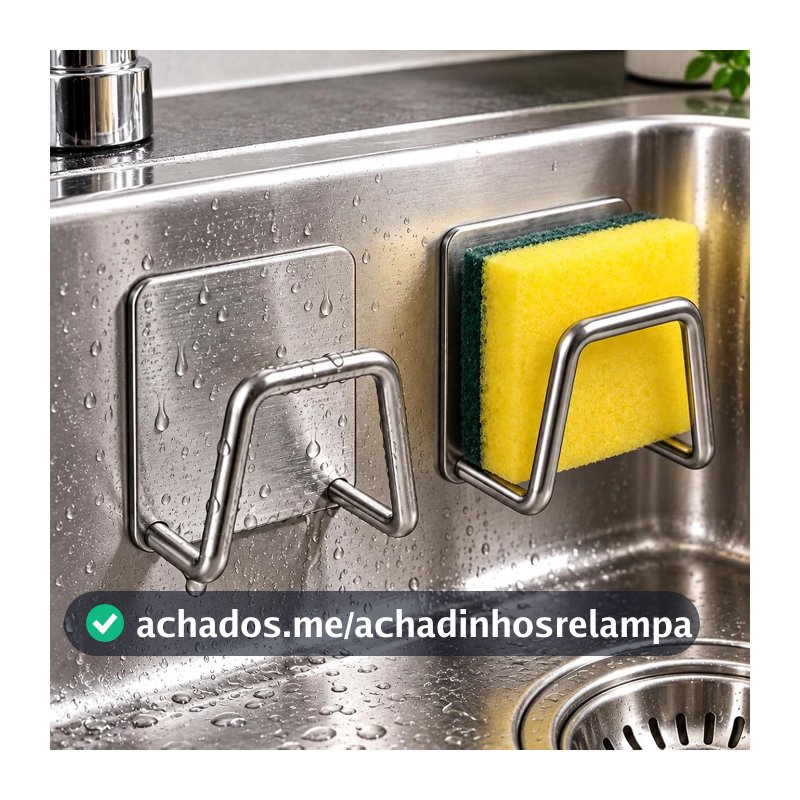 Kit 2 Suportes adesivo Gancho Porta Esponja Pia Aço Inoxidável com Fita 3M Organizador de Cozinha sem Furos, Compacto, para Bucha e Esponja, Fixação em Superfícies Lisas, Pia e Cubas Prata e Multiuso