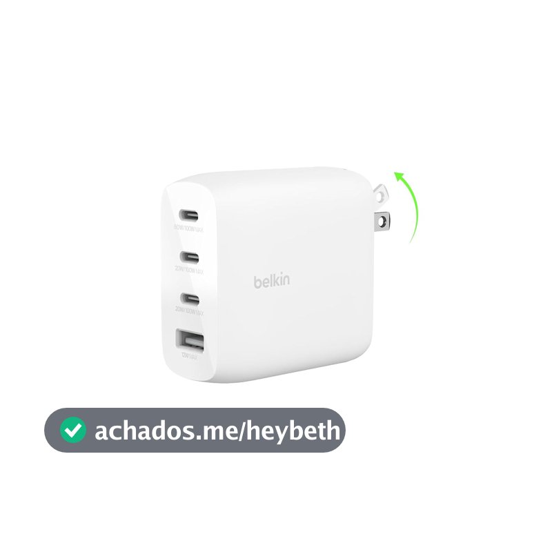 Belkin Carregador de parede GaN de 112W com 4 portas, bloco de carregador multiportas com carregamento rápido USB-C e porta USB-A para Apple MacBook, iPhone 16 Series, iPad Pro, Samsung Galaxy S24,