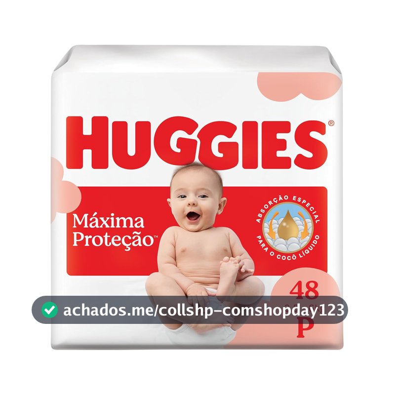 Fralda Descartável Huggies Máxima Proteção Tamanho P 48 unidades – com absorção especial para cocô líquido e indicador de troca.