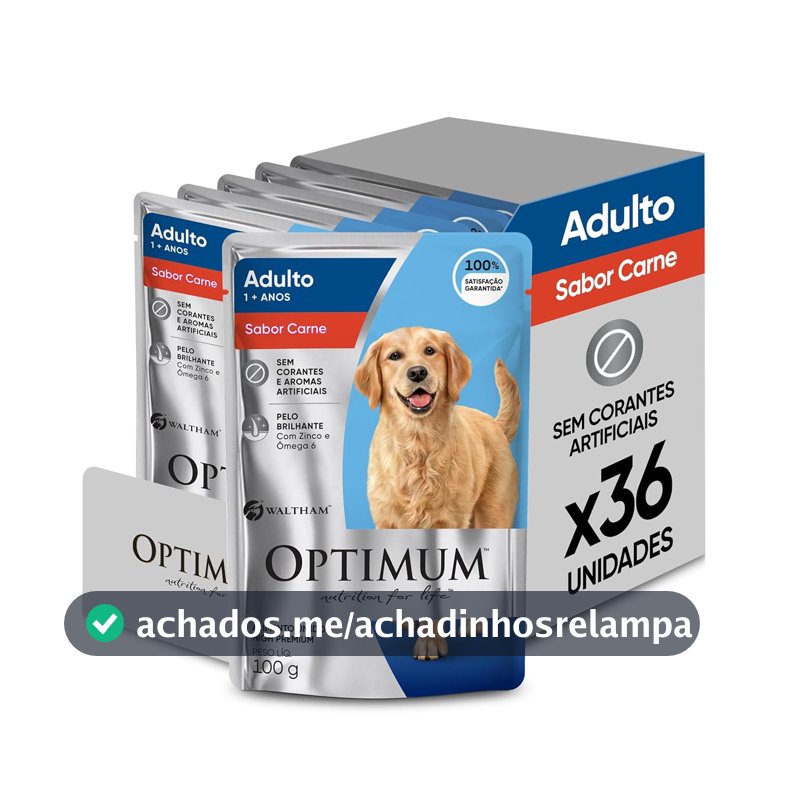 Pack Ração Úmida Optimum Sachê para Cães Adultos Sabor Carne 100g - 36 unidadaes