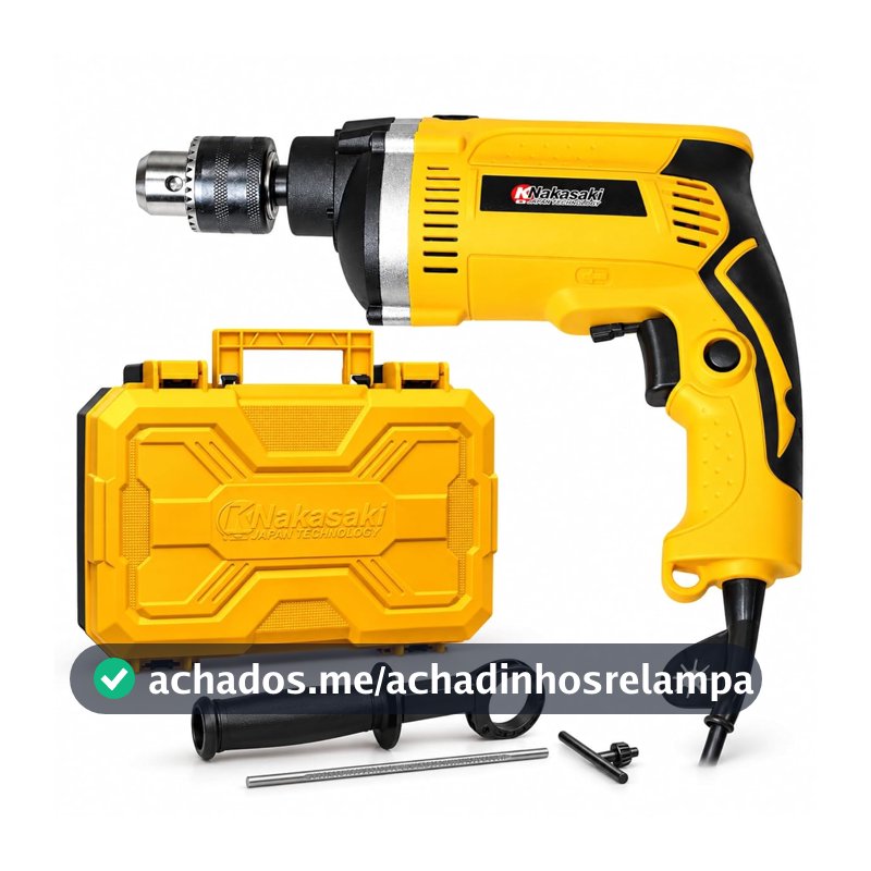 Furadeira de Impacto Elétrica com Cabeça de Ferro Metálica 900W 110V, Mandril de 1/2 Pol (13mm), Velocidade Variável e Reversível, com Maleta de Transporte e Acessórios, Amarela
