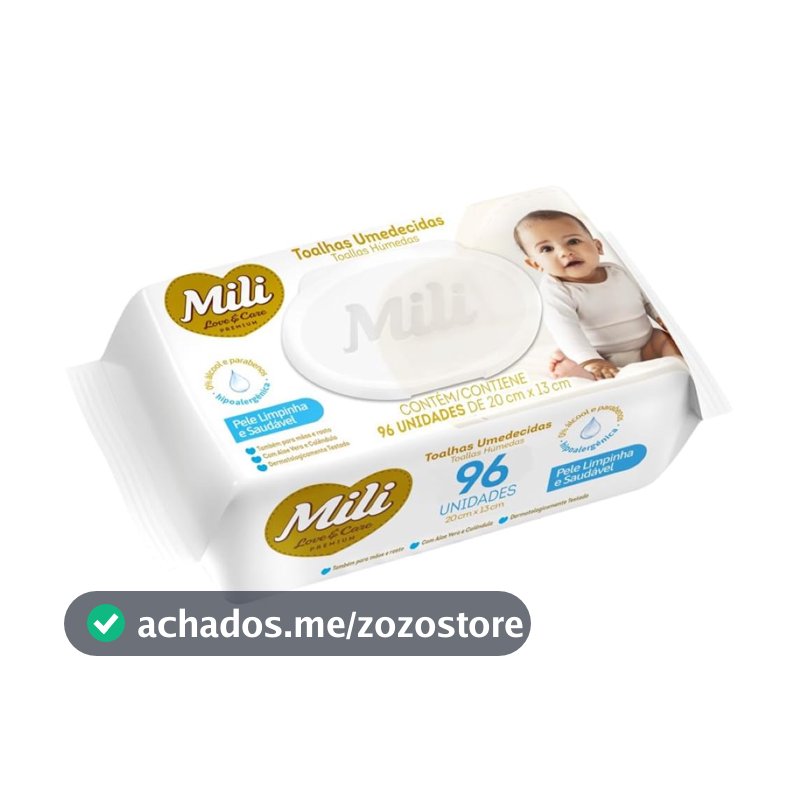 Mili Toalhas Umedecidas Love & Care Premium, Para Bebê, Com Aloe Vera e Calêndula, Dermatologicamente Testadas, 96 Unidades