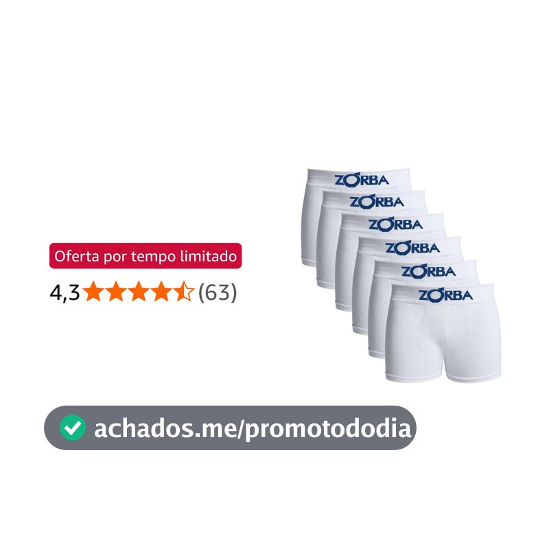 Kit com 6 Cuecas Zorba Boxer Algodão Sem Costura Infantil 678 Branco