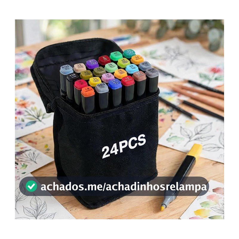 Kit de 24 Canetas Marcador Permanente Ponta Dupla Coloridas para Desenho Profissional Escolar Infantil com Estojo Organizador Base Artista Canetinhas Hidrográficas Alcool Caneta para Colorir