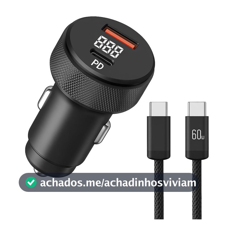Carregador Veicular Turbo 60W com Display LED Para Automóvel Duas Entradas USB e Tipo-C + Cabo USB-C Rápido Compatível com Android e IOS,PREMIUM