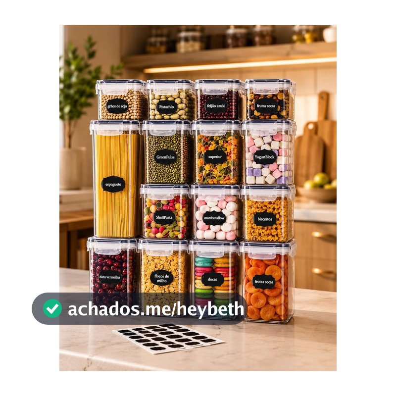 Kit 15 Potes Herméticos para Mantimentos com Etiquetas e Caneta, Organizadores de Despensa Empilháveis, Vedação com Silicone, Recipientes para Cozinha, Armário e Alimentos