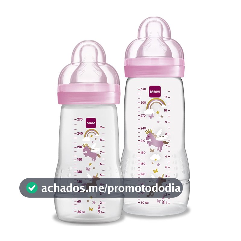 MAM Baby Kit 2 Mamadeiras Easy Active Set, 270ml e 330ml Com Formato Ergonômico e Fácil de Segurar para Crianças 2+ Meses com Bico de Silicone Skinsoft, Rosa