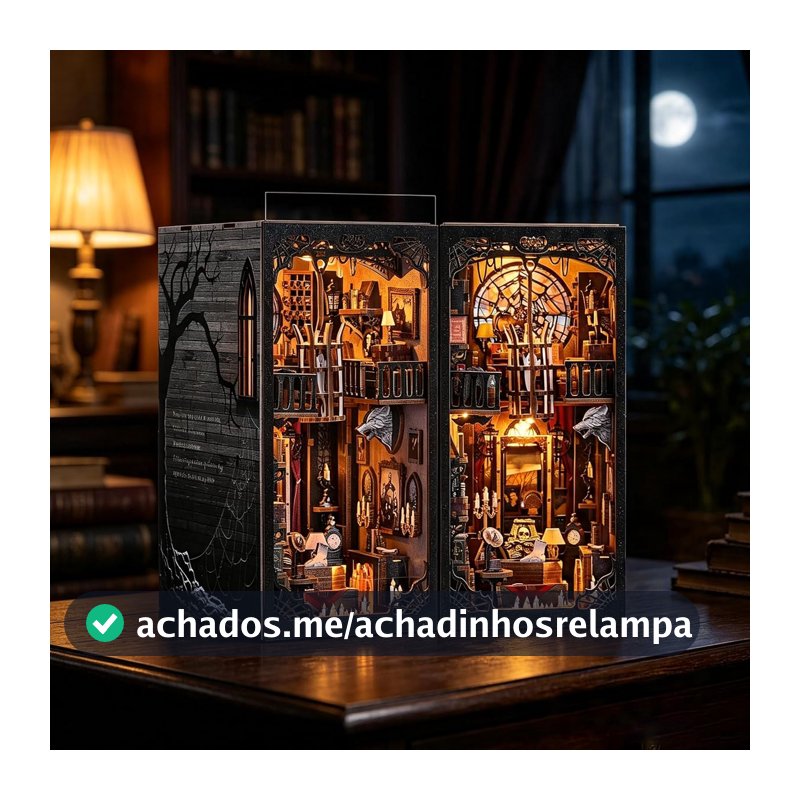 Kit de Modelo 3D de Madeira DIY Miniatura Com Luz LED Touch (Mini Livraria Gótica)