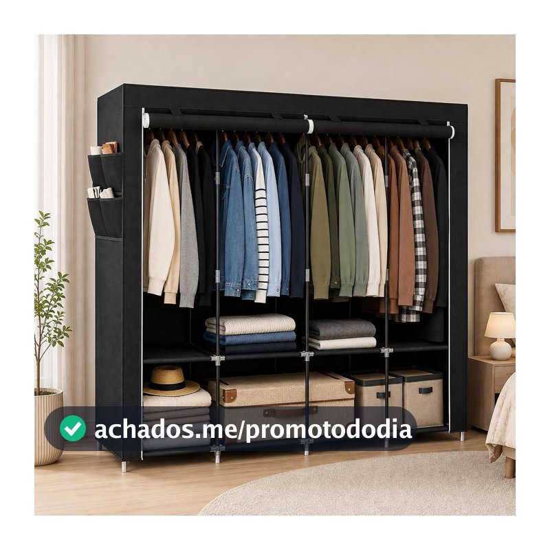 Guarda-Roupa Portátil com Capa de Tecido, Cabideiro, Prateleiras e Bolsos Laterais – Organizador de Roupas Grande e Espaçoso (4 Colunas)
