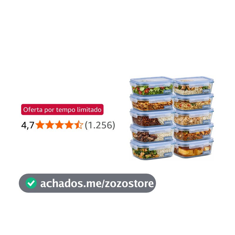 Kit 10 Potes de Vidro Borossilicato 640ml Herméticos com 4 Travas Ideal para Marmitas e Conservação de Alimentos, Vedação Total, Refratário para Forno e Freezer