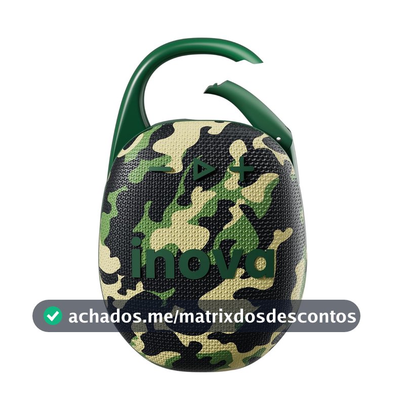 INAVA Caixa de Som Bluetooth, Clip 5, Som Estéreo, 12 Horas de Reprodução, Conectividade Bluetooth 5.4, IPX6, Mosquetão Integrado, Ideal para Praia, Quarto e Viagens ao Ar Livre (Camuflagem)