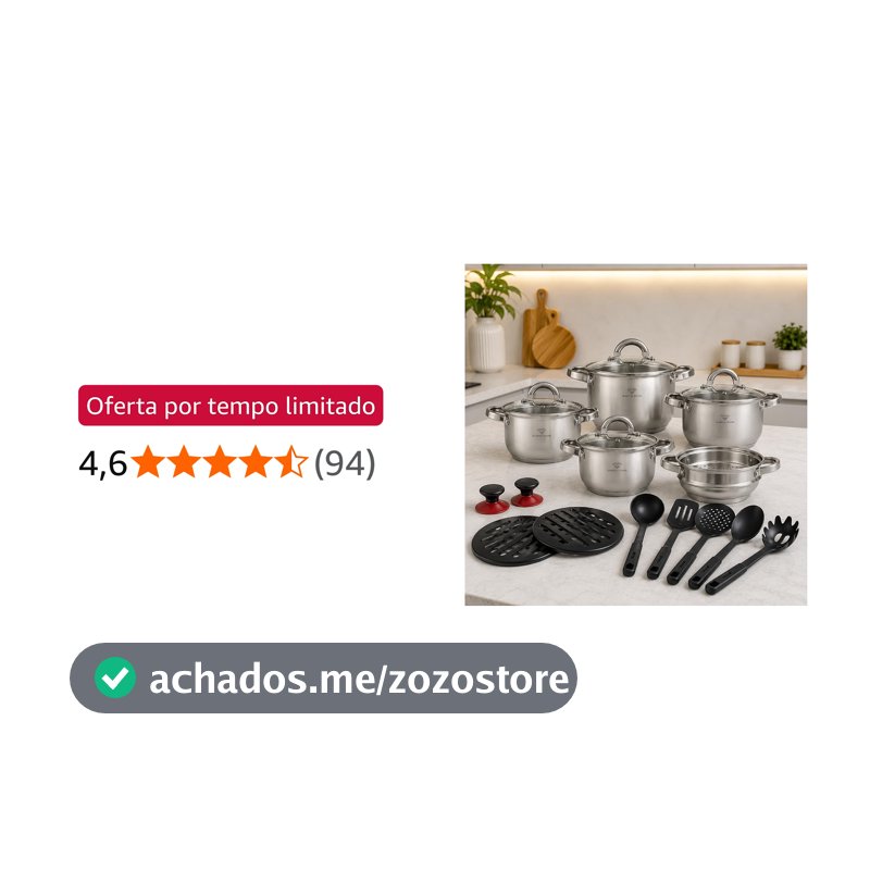 Jogo de Panelas 19 Peças Aço Cirurgico Inox Tampa de Vidro Para Fogão Gás e Indução Premium