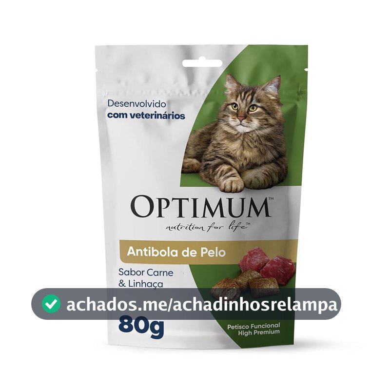 Petisco Optimum Anti Bola de Pelo para Gatos Adultos Sabor Carne e Linhaça 80g