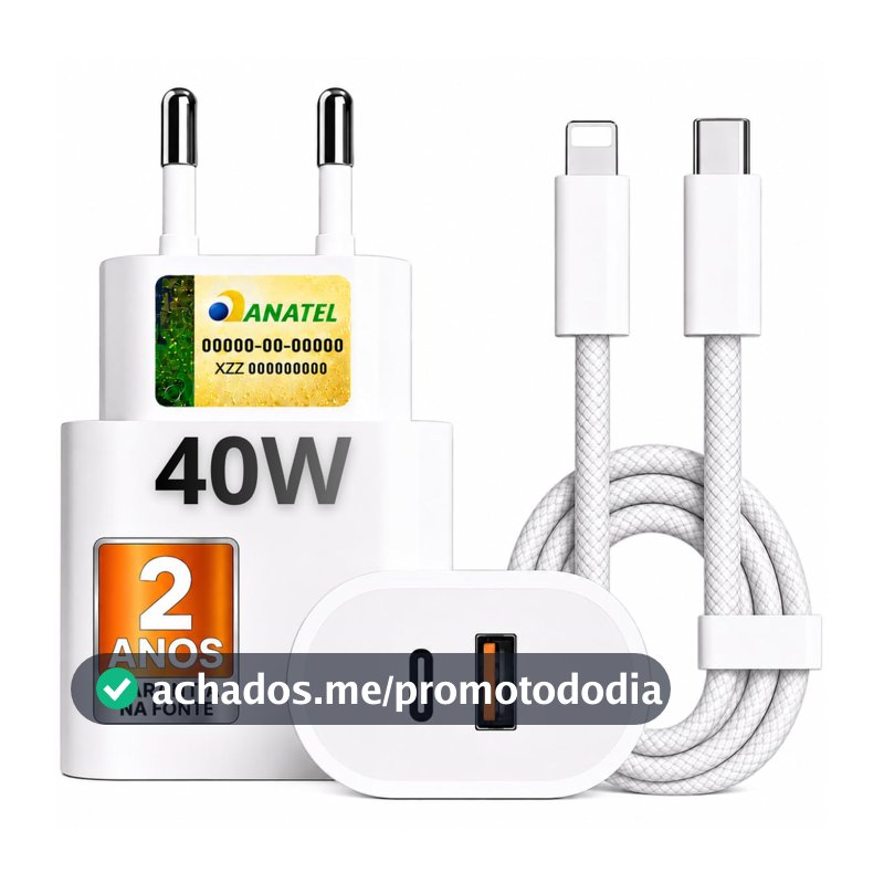 Carregador Turbo 40W USB-C + USB-A Compatível com IPhone 8 X Xr 11 12 13 14, Bivolt 110/220V - CABO DE NYLON - Carregamento POWER DUO