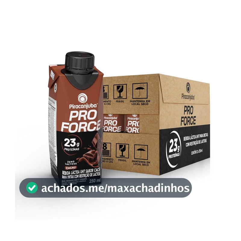 Piracanjuba ProForce Bebida Proteica Líquida Sabor Cacau Zero Lactose 23g Proteínas, Caixa 250ml – Pack com 12 Unidades