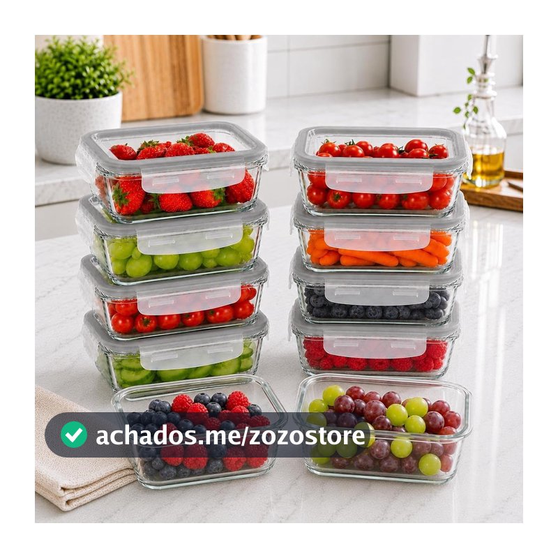 Kit 10 Potes de Vidro 640ml Com Tampa Hermético Marmita Fitness Bpa Free Transparente Micro-ondas Forno Geladeira Freezer Resistente Vedação 4 Travas Silicone Refratário