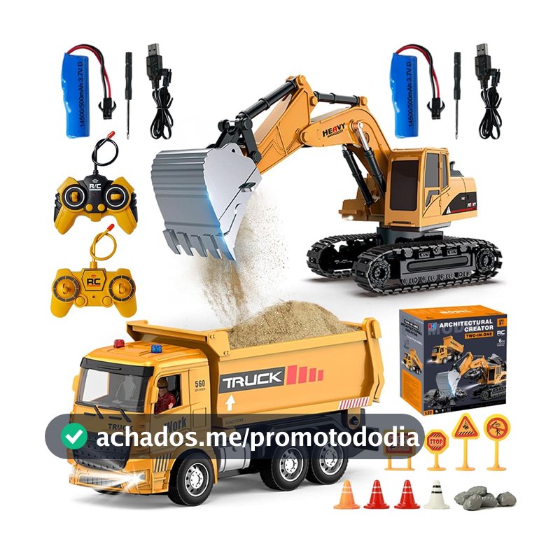 Oferta por tempo limitado: Escavadeira Carros de Controle Remoto, Caminhão de Construção de RC, Escavadeira, Brinquedo 2 em 1 com Luzes, Escala 1:20, 2.4GHz com 2 Baterias Recarregáveis