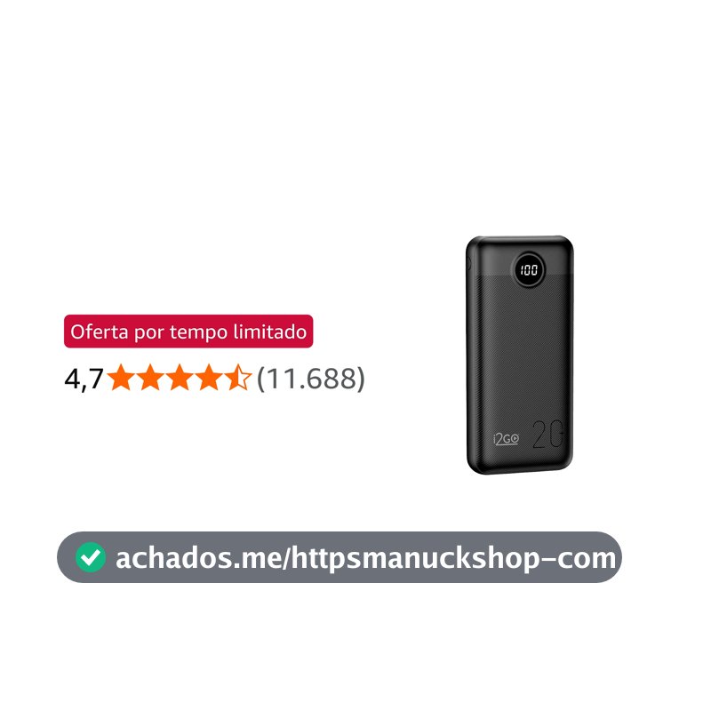 I2GO, Carregador Portátil (Power Bank) Ultra Rápido 20000mAh, Power Delivery 20W, 2 Saídas USB + 1 Saída/Entrada USB-C, Preto, i2GO PRO
