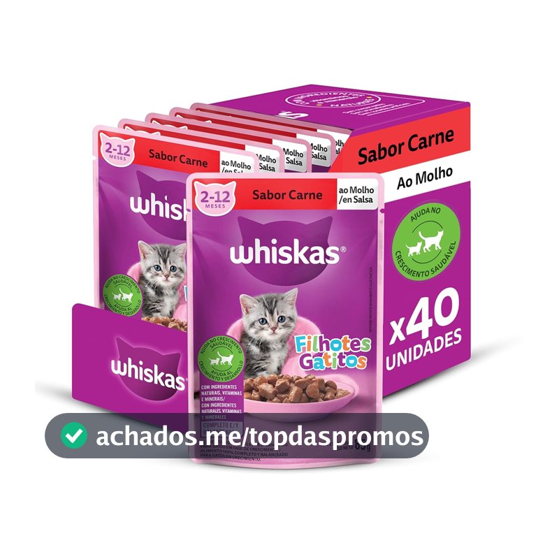 Pack Ração Úmida Whiskas Sachê Carne ao Molho para Gatos Filhotes 85 g - 40 unidades