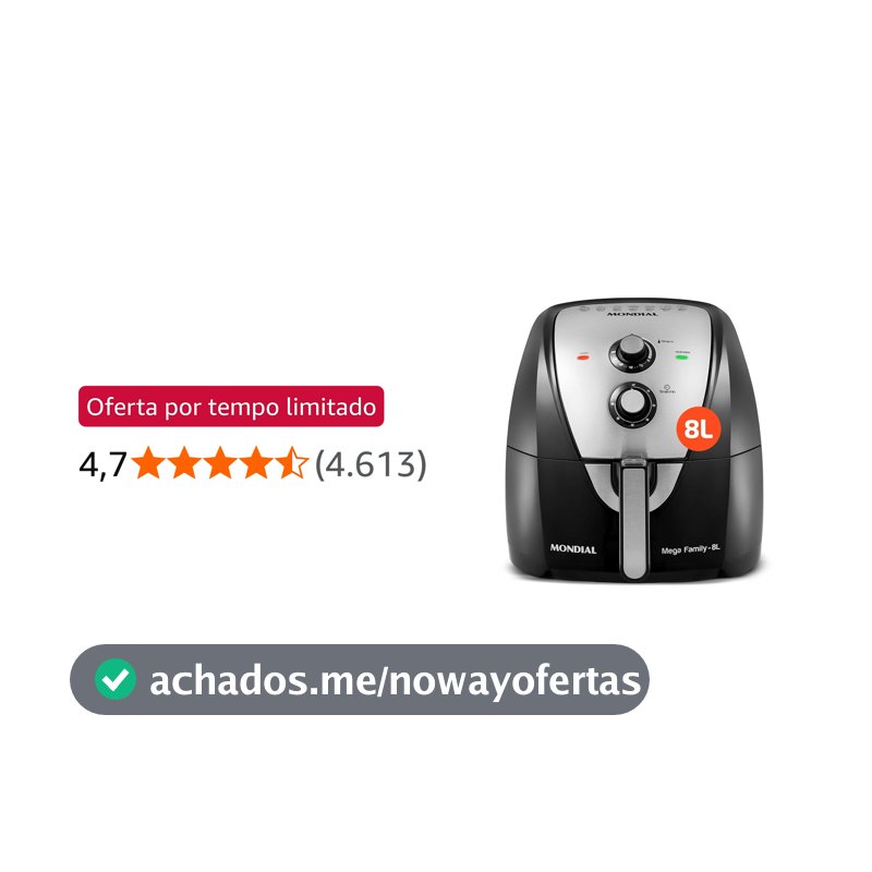 MONDIAL Fritadeira Sem Óleo Air Fryer 8L, Preto/Inox, 1900W, 110V - AFN-80-BI
